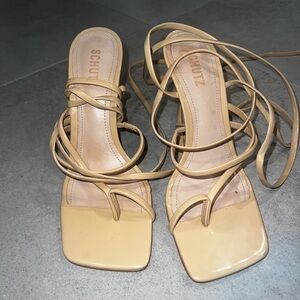 Shutz nude beige heels wrap around tie up
